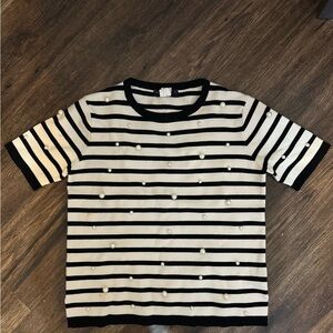 Zara Black and White Striped Blouse with Pearls